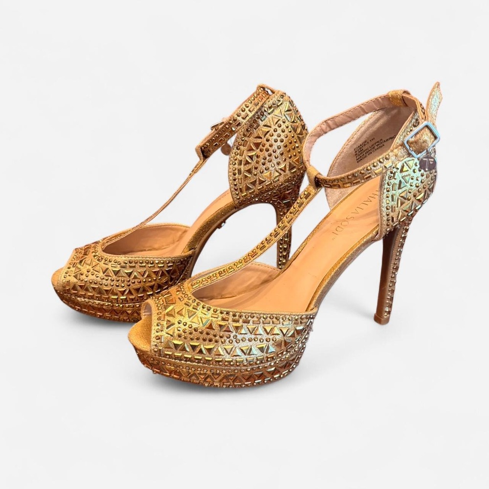 Thalia Sodi Chari-TH Gold Studded Peep Toe T-Strap Platform Heels Womens 8.5M